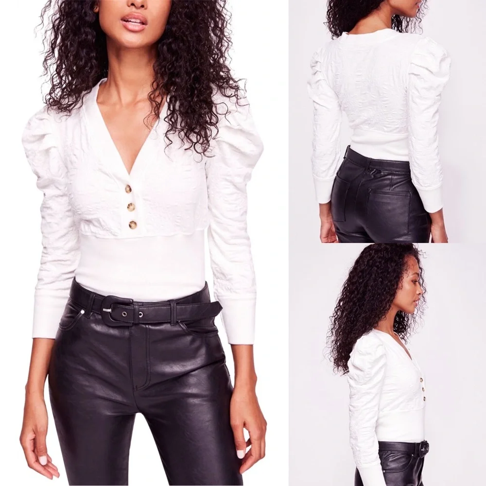 FREE PEOPLE Gemma Puffed-Sleeve‎ Henley Top